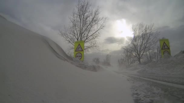 Зимний Шторм Заглушает Дороги Дорожные Знаки Покрыты Глубоким Снегом Сильный — стоковое видео