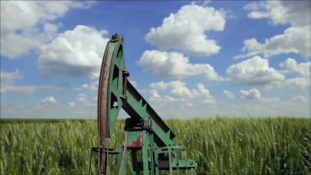 Ölfeldpumpe Jack Einem Getreidefeld Aus Weizen Förderung Von Erdöl Fossile — Stockvideo