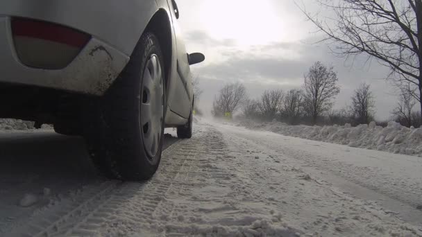 車は国道の雪の中でブロックされます 大雪道路のブロック 道路上のブリザードと低視認性 冬の嵐が道路を切り倒す — ストック動画