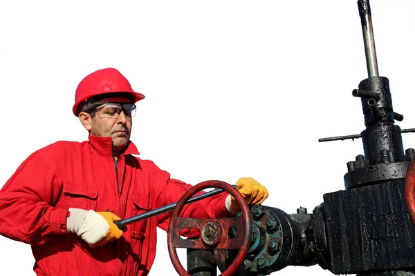 Olieplatform Werknemer Aan Het Werk Geïsoleerd Witte Achtergrond Aardoliearbeider Red — Stockfoto