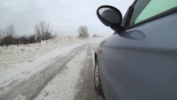 Egy Hóviharban Vezetek Autó Mount Camera Shot Driving Keresztül Heavy — Stock videók