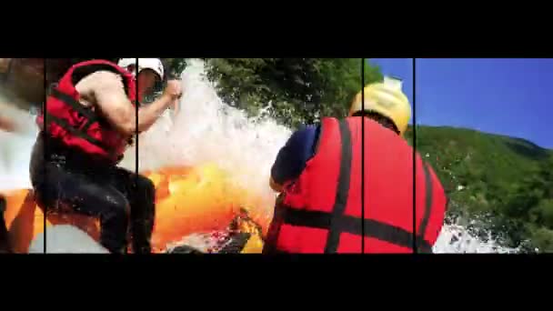 White Water Rafting Konceptuální Video Montage Nadšená Skupina Lidí Užívá — Stock video