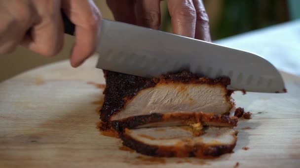 Chef Cutting Roast Pork Wooden Board Male Chef Hands Knife — Stock Video