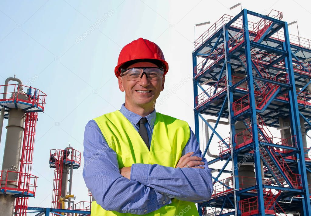 Oil and Gas Refinery Worker in Red Hardhat and Yellow Vest Looking At Camera. Happy Manager in Red Hardhat, Blue Shirt and Yellow Vest Standing in front of Oil and Gas Refinery. Portrait of an Engineer.