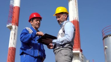 Elektrik Santrali Mühendisi ve Dijital Tabletle Endüstriyel Baca önünde Konuşan Yönetici. İşadamı Dijital Tablet Kullanıyor. Dijital Teknoloji ve Takım Çalışması Konsepti. Sektör 4.0 