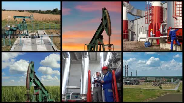 Olie Gas Industri Begrebsmæssig Multi Screen Video Råolieproduktion Luftfoto Olieraffinaderi – Stock-video