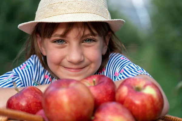 Gorgeous Blue Eyed Girl Straw Hat Basket Red Apples Close — Stock Photo, Image