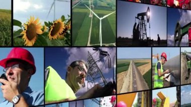 Elektrik Üretimi Kavramsal Video Duvarı. Elektrik Güç Dağıtımı. Video Kurgusu Enerji, Elektrik Dağıtım Ekipmanları ve Farklı İşçi Mesleklerinin Çalışanlarını Sunar.