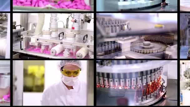 医薬品製造業ビデオウォール 医薬品カプセルと錠剤 医薬品技術 生産ラインの医療用アンプル ワクチン製造 — ストック動画