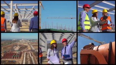 İnşaat endüstrisi. İnşaat Endüstrisindeki İnsanların Çalışmalarını Gösteren Çoklu Ekran Videosu. İşteki Vinçler, Makineler ve İnşaatçılarla Büyük İnşaat Alanı.
