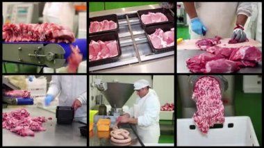 Et İşleme Santrali Kavramsal Video Duvarı. Fabrika İşçileri Market için Et Ürünleri Üretim Hattı Paketinde. Değiştirilmiş Atmosferde Otomatik Boşaltma Et Paketi.