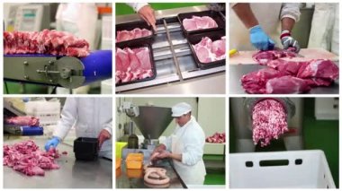 Et İşleme ve Kavramsal Çoklu Ekran Videosu. Fabrika İşçileri Market için Et Ürünleri Üretim Hattı Paketinde. Değiştirilmiş Atmosferde Otomatik Boşaltma Et Paketi.
