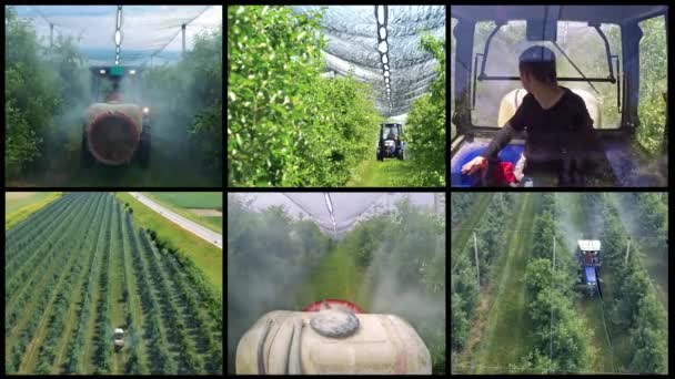 Agricoltore Alla Guida Trattore Spruzzare Video Multi Schermo Concettuale Apple — Video Stock