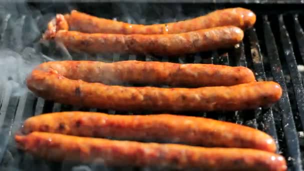 Sausages on barbecue grill — Stock Video