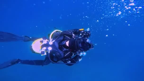 Buceador Descendiendo en Agua Azul — Vídeo de stock