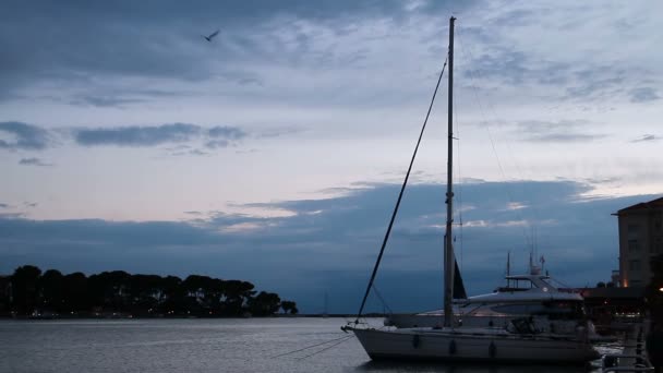 Bateau à voile dans le port au crépuscule — Video