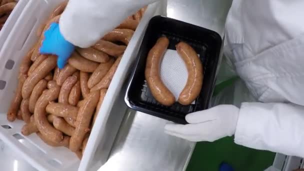 Упаковка колбасы в мясной промышленности — стоковое видео