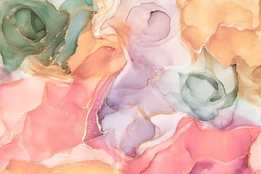 Alkol mürekkebi tekniğinde doğal lüks, soyut, akışkan sanat resimleri. Şefkatli ve rüya gibi duvar kağıtları. Renklerin karışımı şeffaf dalgalar ve altın girdaplar yaratır. Posterler ve diğer basılı materyaller için.