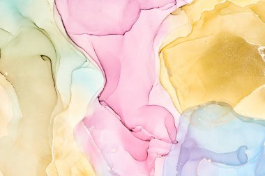 Alkol mürekkebi tekniğinde doğal lüks, soyut, akışkan sanat resimleri. Şefkatli ve rüya gibi duvar kağıtları. Renklerin karışımı şeffaf dalgalar ve altın girdaplar yaratır. Posterler ve diğer basılı materyaller için.