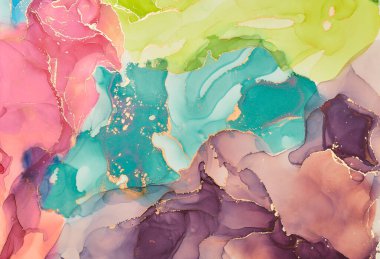 Alkol mürekkebi tekniğinde doğal lüks, soyut, akışkan sanat resimleri. Şefkatli ve rüya gibi duvar kağıtları. Renklerin karışımı şeffaf dalgalar ve altın girdaplar yaratır. Posterler ve diğer basılı materyaller için