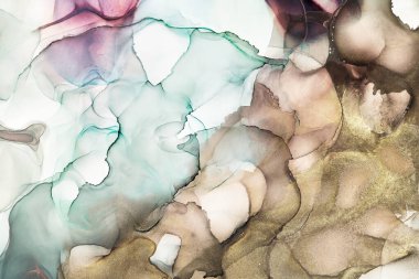 Alkol mürekkebi tekniğinde doğal lüks, soyut, akışkan sanat resimleri. Şefkatli ve rüya gibi duvar kağıtları. Renklerin karışımı şeffaf dalgalar ve altın girdaplar yaratır. Posterler ve diğer basılı materyaller için