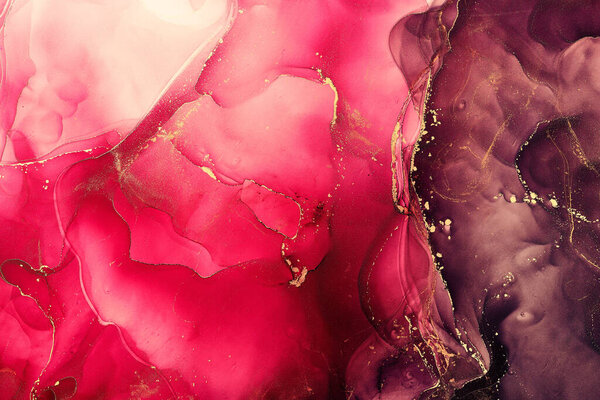 Natural luxury abstract fluid art painting in alcohol ink technique. Tender and dreamy wallpaper. Mixture of colors creating transparent waves and golden swirls. For posters, other printed materials