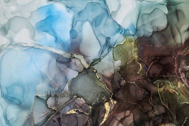 Alkol mürekkebi tekniğinde doğal lüks, soyut, akışkan sanat resimleri. Şefkatli ve rüya gibi duvar kağıtları. Renklerin karışımı şeffaf dalgalar ve altın girdaplar yaratır. Posterler ve diğer basılı materyaller için