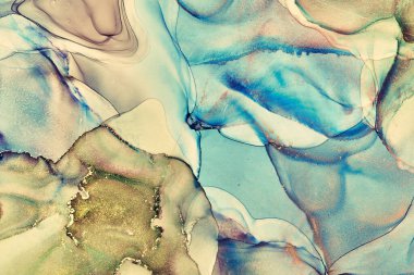 Alkol mürekkebi tekniğinde doğal lüks, soyut, akışkan sanat resimleri. Şefkatli ve rüya gibi duvar kağıtları. Renklerin karışımı şeffaf dalgalar ve altın girdaplar yaratır. Posterler ve diğer basılı materyaller için