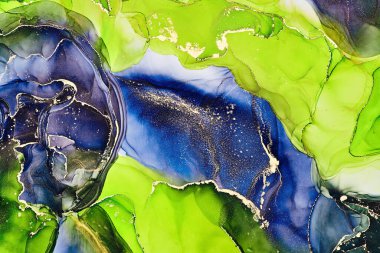 Şeffaf renk akımları, yılan gibi kıvrılan metalik girdaplar ve köpüklü renk spreyleri bu serbest akan dokuların manzarasını şekillendirir. Alkol mürekkebi tekniğindeki doğal lüks, akışkan sanat resimleri.