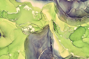 Şeffaf renk akımları, yılan gibi kıvrılan metalik girdaplar ve köpüklü renk spreyleri bu serbest akan dokuların manzarasını şekillendirir. Alkol mürekkebi tekniğindeki doğal lüks, akışkan sanat resimleri.