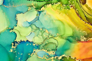 Şeffaf renk akımları, yılan gibi kıvrılan metalik girdaplar ve köpüklü renk spreyleri bu serbest akan dokuların manzarasını şekillendirir. Alkol mürekkebi tekniğindeki doğal lüks, akışkan sanat resimleri.