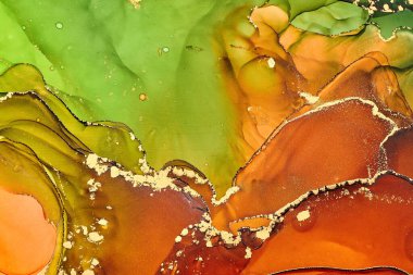 Şeffaf renk akımları, yılan gibi kıvrılan metalik girdaplar ve köpüklü renk spreyleri bu serbest akan dokuların manzarasını şekillendirir. Alkol mürekkebi tekniğindeki doğal lüks, akışkan sanat resimleri.