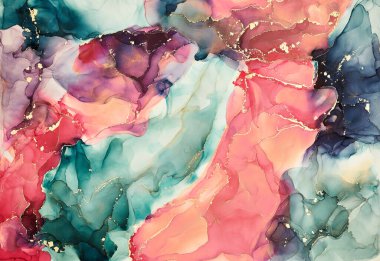 Şeffaf renk akımları, yılan gibi kıvrılan metalik girdaplar ve köpüklü renk spreyleri bu serbest akan dokuların manzarasını şekillendirir. Alkol mürekkebi tekniğindeki doğal lüks, akışkan sanat resimleri.