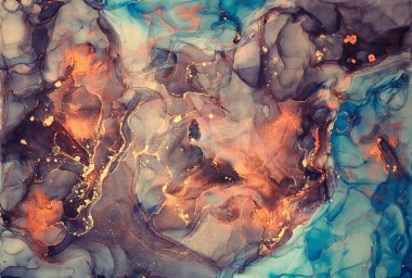 Şeffaf renk akımları, yılan gibi kıvrılan metalik girdaplar ve köpüklü renk spreyleri bu serbest akan dokuların manzarasını şekillendirir. Alkol mürekkebi tekniğindeki doğal lüks, akışkan sanat resimleri.