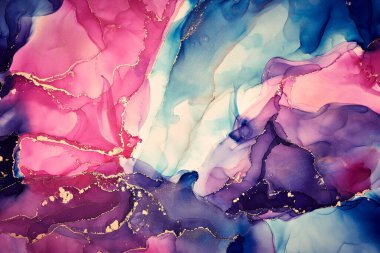 Şeffaf renk akımları, yılan gibi kıvrılan metalik girdaplar ve köpüklü renk spreyleri bu serbest akan dokuların manzarasını şekillendirir. Alkol mürekkebi tekniğindeki doğal lüks, akışkan sanat resimleri.