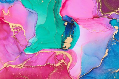 Şeffaf renk akımları, yılan gibi kıvrılan metalik girdaplar ve köpüklü renk spreyleri bu serbest akan dokuların manzarasını şekillendirir. Alkol mürekkebi tekniğindeki doğal lüks, akışkan sanat resimleri.