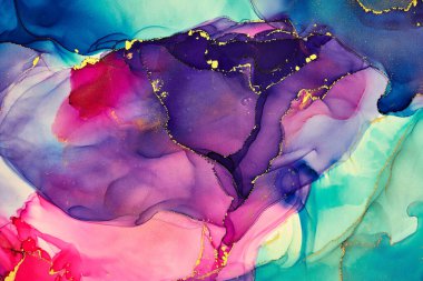 Şeffaf renk akımları, yılan gibi kıvrılan metalik girdaplar ve köpüklü renk spreyleri bu serbest akan dokuların manzarasını şekillendirir. Alkol mürekkebi tekniğindeki doğal lüks, akışkan sanat resimleri.