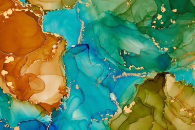 Şeffaf renk akımları, yılan gibi kıvrılan metalik girdaplar ve köpüklü renk spreyleri bu serbest akan dokuların manzarasını şekillendirir. Alkol mürekkebi tekniğindeki doğal lüks, akışkan sanat resimleri.