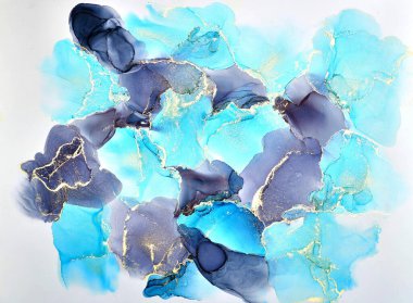 Şeffaf renk akımları, yılan gibi kıvrılan metalik girdaplar ve köpüklü renk spreyleri bu serbest akan dokuların manzarasını şekillendirir. Alkol mürekkebi tekniğindeki doğal lüks, akışkan sanat resimleri.