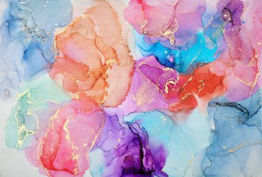 Şeffaf renk akımları, yılan gibi kıvrılan metalik girdaplar ve köpüklü renk spreyleri bu serbest akan dokuların manzarasını şekillendirir. Alkol mürekkebi tekniğindeki doğal lüks, akışkan sanat resimleri.