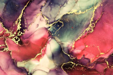 Şeffaf renk akımları, yılan gibi kıvrılan metalik girdaplar ve köpüklü renk spreyleri bu serbest akan dokuların manzarasını şekillendirir. Alkol mürekkebi tekniğindeki doğal lüks, akışkan sanat resimleri.