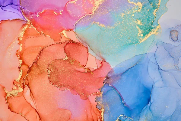 半透明色调的洪流 蜿蜒的金属涡旋和泡沫般的色彩喷雾塑造了这些自由流淌的纹理的景观 酒精油墨技术中的天然豪华抽象流体画 — 图库照片