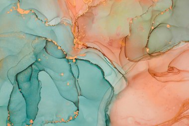 Alkol mürekkebi tekniğinde doğal lüks, soyut, akışkan sanat resimleri. Şefkatli ve rüya gibi duvar kağıtları. Renklerin karışımı şeffaf dalgalar ve altın girdaplar yaratır. Posterler ve diğer basılı materyaller için