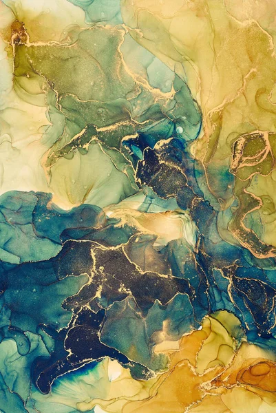 天然豪华抽象流体画在酒精油墨技术 柔和和梦幻般的壁纸 混合的颜色创造了透明的波浪和金色的漩涡 海报和其他印刷品 — 图库照片