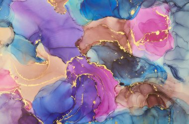 Alkol mürekkebi tekniğinde doğal lüks, soyut, akışkan sanat resimleri. Şefkatli ve rüya gibi duvar kağıtları. Renklerin karışımı şeffaf dalgalar ve altın girdaplar yaratır. Posterler ve diğer basılı materyaller için