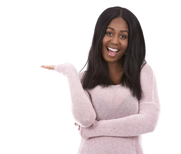 Casual black woman pointing — Stock Photo, Image