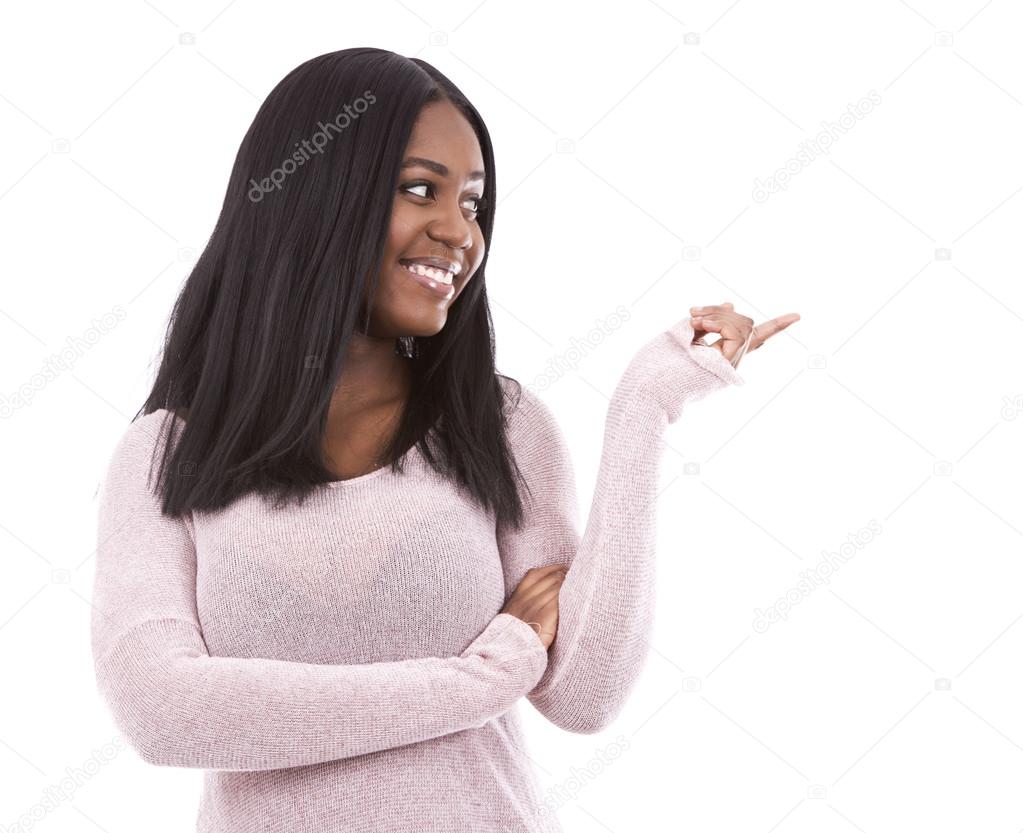casual black woman pointing