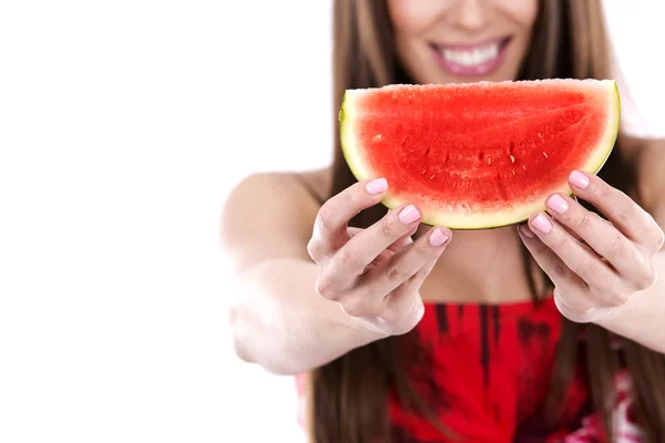 Brunette holding a watermelon — Stock Photo, Image