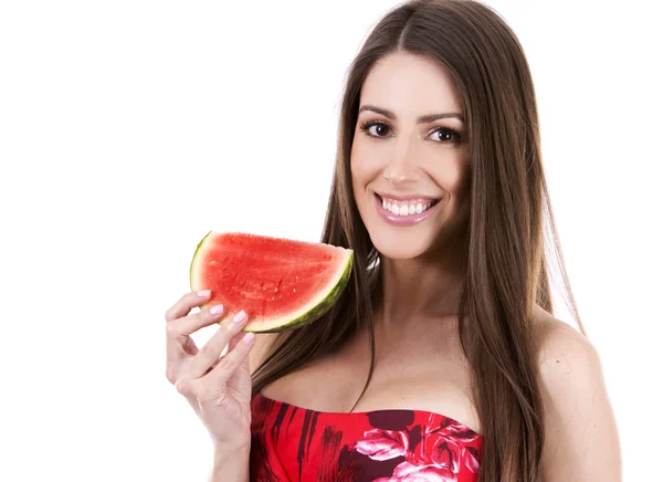 Brunette houdt een watermeloen — Stockfoto