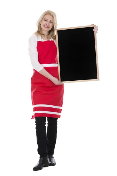 Blonde vrouw dragen rode schort — Stockfoto